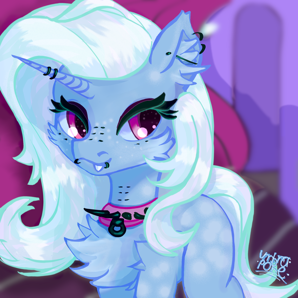 Size: 3000x3000 | Tagged: safe, artist:umbrapone, derpibooru import, trixie, pony, unicorn, blue coat, chest fluff, coat markings, collar, dappled, detailed background, ear fluff, fangs, freckles, goth, horn, horn ring, image, jewelry, ladder piercing, lip ring, looking at you, missing accessory, missing cutie mark, neck piercing, pierced ears, piercing, png, purple eyes, ring, shoulder fluff, spiked collar