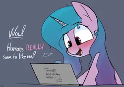 Size: 2771x1949 | Tagged: safe, artist:pinkberry, derpibooru import, izzy moonbow, pony, unicorn, blushing, computer, female, g5, image, implied porn, laptop computer, png, solo, speech, talking, text