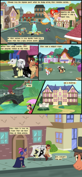 Size: 1280x2744 | Tagged: safe, artist:mr100dragon100, derpibooru import, oc, oc:thomas the wolfpony, bat pony, earth pony, pegasus, pony, vampire, vampony, wolf, wolf pony, comic:a king's journey home, background pony, bench, comic, dark forest au's dracula, dark forest au's phantom of the opera (erik), foreground pony, hospital, image, market, park, png, street, town