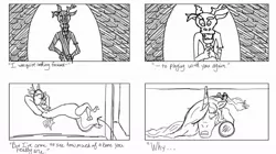 Size: 1080x606 | Tagged: safe, derpibooru import, discord, princess celestia, journey of the spark, image, jpeg, monochrome, storyboard