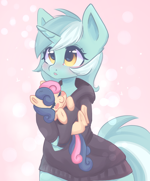 Size: 667x800 | Tagged: safe, artist:valeria_fills, derpibooru import, bon bon, lyra heartstrings, sweetie drops, semi-anthro, unicorn, blush sticker, blushing, clothes, dig the swell hoodie, eyes closed, hoodie, image, plushie, png, toy