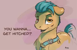 Size: 1328x859 | Tagged: safe, artist:kam, derpibooru import, hitch trailblazer, earth pony, pony, bedroom eyes, dialogue, floppy ears, g5, image, looking at you, male, open mouth, open smile, pickup lines, png, pun, smiling, solo, stallion, talking to viewer, text