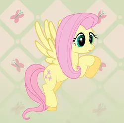 Size: 1600x1590 | Tagged: safe, artist:spectty, derpibooru import, fluttershy, pegasus, pony, abstract background, cutie mark background, female, hooves together, image, mare, png, scrunchy face, solo, spread wings, three quarter view, wings