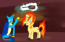 Size: 1024x659 | Tagged: safe, artist:horsesplease, derpibooru import, gallus, sunset shimmer, bacon, cooking, derp, fiery shimmer, food, frying pan, grin, happy, image, jpeg, magic, mane of fire, marshmallow, meat, roasting, smiling, walking campfire