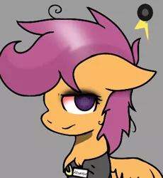 Size: 348x378 | Tagged: source needed, safe, artist:taeko, derpibooru import, scootaloo, pony, fanfic:pegasus device, fanfic:rainbow factory, absentia, absentia's cutie mark, alternate cutie mark, alternate ending, alternate universe, bad shading, black eyeshadow, bloodshot eye, bloodshot eyes, chest fluff, clothes, curly mane, evil, eviloo, evil scootaloo, factory scootaloo, fanart, fanfic art, female, filly, floppy ears, frown, good end?, gray background, gray hoodie, hoodie, image, looking at you, mare, messy mane, name tag, no source available, object in eye, orange body, png, purple eye, purple eyes, purple mane, rainbow factory logo, rainbow factory scootaloo, rainbow factory worker, rainbow factory worker scootaloo, reflection in eye, simple background, small wings, solo, solo female, solo focus, solo mare, ten minute drawing, ten minutes spent in sketchbook pro, tired eye, tired eyes, what should have happened, wings, zipper