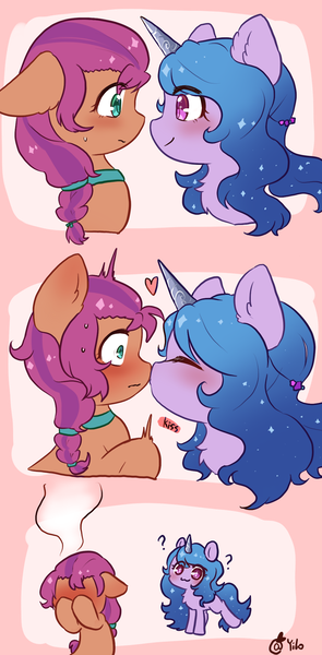 Size: 1077x2187 | Tagged: safe, artist:yilo, derpibooru import, izzy moonbow, sunny starscout, blushing, embarrassed, g5, image, kissing, png