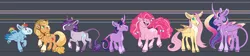 Size: 3551x800 | Tagged: safe, artist:owlcoholik, derpibooru import, applejack, fluttershy, pinkie pie, rainbow dash, rarity, twilight sparkle, twilight sparkle (alicorn), alicorn, bat pony, classical unicorn, earth pony, pegasus, pony, unicorn, alternate color palette, alternate cutie mark, alternate design, alternate hairstyle, applejack's hat, bat ears, bat ponified, blaze (coat marking), candy in hair, chibi, claws, cloven hooves, coat markings, colored wings, cowboy hat, curved horn, cutie mark, ethereal mane, facial markings, fangs, female, flutterbat, hat, height difference, horn, hybrid wings, image, leonine tail, mane six, multicolored hair, multicolored mane, multicolored wings, pigtails, png, race swap, short hair, size chart, size comparison, size difference, slit eyes, socks (coat marking), tail, twitterina design, underhoof, unicorn twilight, unshorn fetlocks, wing claws, wings