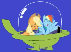 Size: 647x472 | Tagged: safe, artist:guihercharly, derpibooru import, applejack, rainbow dash, appledash, driving, female, glass dome, image, laughing, lesbian, png, shipping, space car, space ship, the jetsons