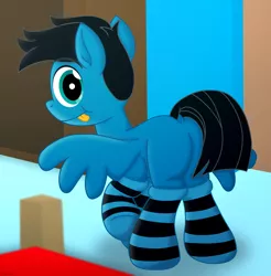 Size: 6494x6600 | Tagged: safe, artist:agkandphotomaker2000, derpibooru import, oc, oc:pony video maker, pegasus, pony, bed, bedroom, blurred object, butt, closet, clothes, dock, image, looking at you, png, raised hoof, socks, solo, spread wings, striped socks, tail, tongue out, wings