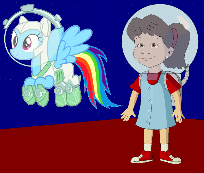 Size: 1149x977 | Tagged: safe, artist:guihercharly, derpibooru import, rainbow dash, astrodash, astronaut, clothes, costume, crossover, dragon tales, emmy, image, moon, png, space, space helmet