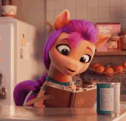Size: 547x527 | Tagged: safe, derpibooru import, sunny starscout, earth pony, pony, my little pony: a new generation, spoiler:g5, spoiler:my little pony: a new generation, animated, beans, book, cropped, cute, female, food, g5, gif, image, kitchen, solo, sunnybetes