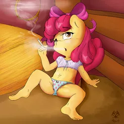 Size: 3507x3507 | Tagged: suggestive, artist:mdgusty, banned from derpibooru, ponybooru import, apple bloom, anthro, earth pony, barn, cigarette, clothes, female, image, jpeg, lolicon, panties, smoking, solo, underage, underwear