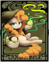 Size: 1200x1528 | Tagged: safe, artist:dawnfire, pear butter, earth pony, pony, basket, cloak, clothes, female, food, image, lidded eyes, looking at you, mare, pear, png, smiling, solo, tarot card, text, watermark