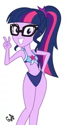 Size: 2209x4096 | Tagged: safe, artist:flutteryaylove, derpibooru import, edit, edited screencap, screencap, sci-twi, twilight sparkle, equestria girls, equestria girls series, forgotten friendship, bikini, clothes, female, grin, high res, image, looking at you, peace sign, png, sci twi is watching you, simple background, smiling, smiling at you, solo, swimsuit, white background