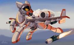 Size: 3600x2200 | Tagged: safe, artist:andromailus, oc, unofficial characters only, original species, plane pony, pony, a-10 thunderbolt ii, female, flying, gau-8, image, missile, open mouth, plane, png, rocket pods, sharp teeth, signature, solo, teeth