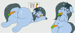 Size: 3756x1680 | Tagged: suggestive, artist:blitzyflair, derpibooru import, oc, oc:blitzy flair, unofficial characters only, pony, unicorn, belly button, butt, carrot, chubby, collar, fat, female, floppy ears, food, freckles, image, jpeg, lidded eyes, lying down, mare, mouth hold, one eye closed, plot, plump, poking, prone, rear view, sign, solo, solo female, the ass was fat, underhoof, wide hips