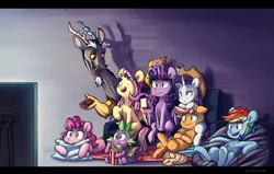 Size: 4147x2637 | Tagged: safe, artist:chub-wub, derpibooru import, applejack, discord, fluttershy, pinkie pie, rainbow dash, rarity, spike, twilight sparkle, twilight sparkle (alicorn), alicorn, dragon, earth pony, pegasus, pony, unicorn, applejack's hat, cowboy hat, eyebrows, eyebrows visible through hair, female, food, frown, glow, glowing horn, hat, high res, horn, image, jpeg, levitation, looking at each other, magic, magic aura, male, mane seven, mane six, mare, missing cutie mark, notebook, open mouth, open smile, pencil, pillow, popcorn, smiling, smiling at each other, telekinesis, television, winged spike, wings