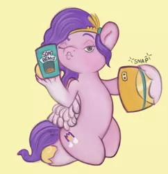 Size: 1280x1323 | Tagged: safe, artist:amynewblue, derpibooru import, pipp petals, pegasus, pony, beans, can, duckface, female, food, g5, hoof hold, image, mare, mobile phone, one eye closed, phone, png, selfie, simple background, smartphone, solo, wink, yellow background
