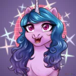 Size: 1500x1500 | Tagged: safe, artist:nika-rain, derpibooru import, izzy moonbow, pony, unicorn, bust, cute, cute little fangs, fangs, g5, image, png, portrait, simple background, sketch, smiling, solo