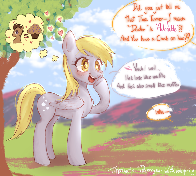 Size: 3000x2700 | Tagged: safe, artist:bubblepurity, derpibooru import, carrot top, derpy hooves, doctor whooves, golden harvest, time turner, earth pony, pegasus, pony, background pony, blushing, chat, cute, derp, derpabetes, doctorderpy, female, food, heart, heart eyes, image, male, mare, muffin, png, ponyville, shipping, straight, tree, wingding eyes, woman