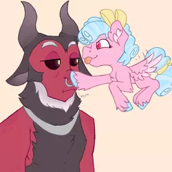 Size: 2000x2000 | Tagged: safe, artist:apatheticxaddict, derpibooru import, cozy glow, lord tirek, centaur, pegasus, pony, boop, chest fluff, colored hooves, colored wings, ear fluff, flying, gradient wings, horns, image, nose piercing, piercing, png, pure unfiltered evil, simple background, tirek is not amused, tongue out, unshorn fetlocks, wings