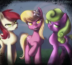 Size: 3000x2700 | Tagged: safe, artist:bubblepurity, derpibooru import, daisy, flower wishes, lily, lily valley, roseluck, earth pony, pony, angry, flower, flower in hair, flower trio, image, looking at you, png, stare, staring into your soul