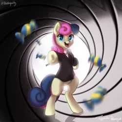 Size: 2700x2700 | Tagged: safe, artist:bubblepurity, derpibooru import, bon bon, sweetie drops, earth pony, pony, agent, bonbon style, candy, female, food, image, james bond, mare, png, pointing, pointy ponies, reference, spy, standing, woman