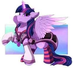 Size: 3680x3448 | Tagged: safe, artist:pridark, derpibooru import, twilight sparkle, twilight sparkle (alicorn), alicorn, pony, chains, chest fluff, clothes, ear fluff, female, geode of telekinesis, glow, glowing horn, high res, horn, image, magical geodes, mare, png, socks, solo, spread wings, striped socks, wings