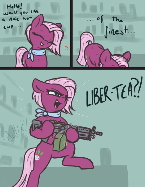 Size: 2340x3000 | Tagged: safe, artist:t72b, derpibooru import, jasmine leaf, earth pony, pony, bipedal, comic, eyes closed, gun, hoof hold, image, m249, machine gun, neckerchief, png, pun, solo, weapon