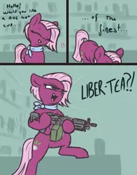 Size: 2340x3000 | Tagged: safe, artist:t72b, derpibooru import, jasmine leaf, earth pony, pony, bipedal, comic, eyes closed, gun, hoof hold, image, m249, machine gun, neckerchief, png, pun, solo, weapon