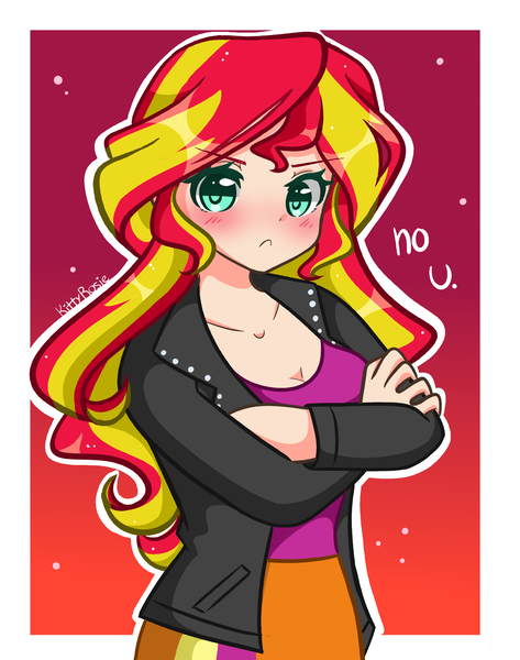 Size: 2520x3200 | Tagged: safe, artist:kittyrosie, derpibooru import, sunset shimmer, equestria girls, breasts, cleavage, clothes, cute, human coloration, image, jacket, looking at you, png, shimmerbetes, talking to viewer