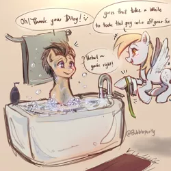 Size: 2700x2700 | Tagged: safe, artist:bubblepurity, derpibooru import, derpy hooves, doctor whooves, time turner, earth pony, pony, unicorn, bath, bathing, bathroom, bathtub, bubble, clothes, cosplay, costume, doctorderpy, doodle, female, flying, image, male, necktie, png, shipping, sketch, straight, towel