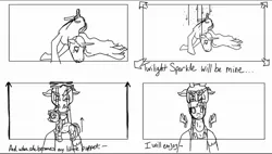 Size: 1080x612 | Tagged: safe, artist:jen seggio, derpibooru import, discord, princess celestia, twilight sparkle, journey of the spark, image, jpeg, monochrome, puppet twilight sparkle, storyboard