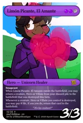 Size: 936x1397 | Tagged: safe, artist:bbsartboutique, derpibooru import, oc, oc:marrón, anthro, unicorn, card game, heart, image, magic, png, solo