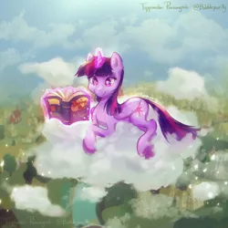 Size: 2700x2700 | Tagged: safe, artist:bubblepurity, derpibooru import, twilight sparkle, twilight sparkle (alicorn), alicorn, pony, book, cloud, crossed hooves, daring do books, female, glow, glowing horn, horn, image, levitation, lying down, lying on a cloud, magic, mare, on a cloud, png, ponyville, reading, relaxing, sitting, solo, telekinesis