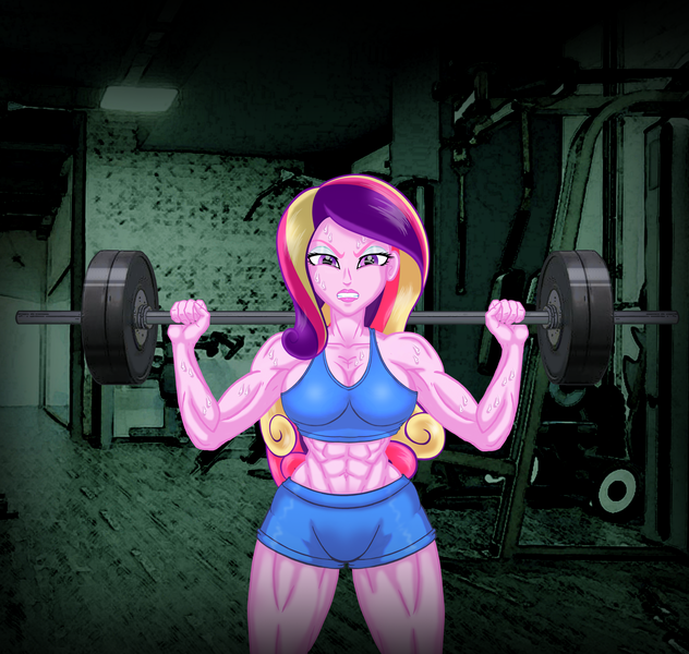 Size: 4739x4497 | Tagged: suggestive, artist:ponymaan, derpibooru import, princess cadance, equestria girls, abs, absurd resolution, barbell, bodybuilder, breasts, busty princess cadance, clothes, commission, dean ca-dense, dean cadance, female, fetish, gritted teeth, image, muscle fetish, muscles, muscular female, png, princess ca-dense, shorts, solo, solo female, sports bra, sports shorts, sweat, weight lifting, workout