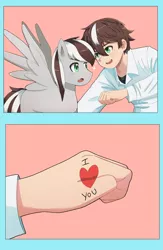 Size: 2560x3936 | Tagged: safe, artist:vincent t, derpibooru import, oc, oc:raxella gessu, unofficial characters only, human, pegasus, pony, fangs, image, love, oc x oc, pegasus oc, pegasus wings, png, self ponidox, selfcest, ship, shipping, spread wings, wing open, wingboner, wings