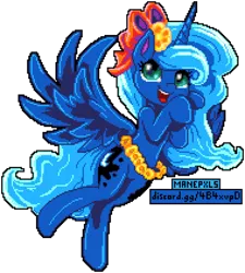 Size: 950x1055 | Tagged: safe, artist:dasheroni, artist:kp-shadowsquirrel, derpibooru import, princess luna, alicorn, pony, bow, female, flower, flower in hair, hair bow, image, looking at you, manepxls, mare, open mouth, pixel art, png, pxls.space, raised hoof, side view, simple background, smiling, solo, transparent background, wings