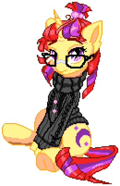 Size: 910x1407 | Tagged: safe, artist:dstears, artist:epicvon, derpibooru import, moondancer, pony, unicorn, clothes, cute, dancerbetes, female, glasses, image, looking at you, manepxls, mare, pixel art, png, pxls.space, simple background, sitting, solo, sweater, transparent background