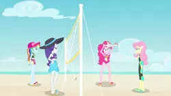Size: 3410x1920 | Tagged: safe, derpibooru import, screencap, fluttershy, pinkie pie, rainbow dash, rarity, equestria girls, equestria girls series, forgotten friendship, beach, cap, clothes, drone, female, frown, geode of shielding, geode of sugar bombs, geode of super speed, hairpin, hand on hip, hat, high res, image, jewelry, jpeg, magical geodes, necklace, one-piece swimsuit, open mouth, sandals, smiling, sports, swimsuit, volleyball, volleyball net, wetsuit