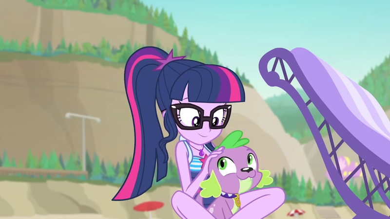 Size: 3410x1920 | Tagged: safe, derpibooru import, screencap, sci-twi, spike, spike the regular dog, twilight sparkle, dog, equestria girls, equestria girls series, forgotten friendship, beach, clothes, cute, female, geode of telekinesis, glasses, high res, image, jewelry, jpeg, lounge chair, magical geodes, male, necklace, one-piece swimsuit, ponytail, smiling, spikabetes, swimsuit, twiabetes