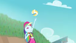 Size: 3410x1920 | Tagged: safe, derpibooru import, screencap, rainbow dash, equestria girls, equestria girls series, forgotten friendship, beach, eyes closed, female, geode of super speed, high res, image, jpeg, magical geodes, nose in the air, open mouth, rainbow dash is best facemaker, solo, sports, volleyball