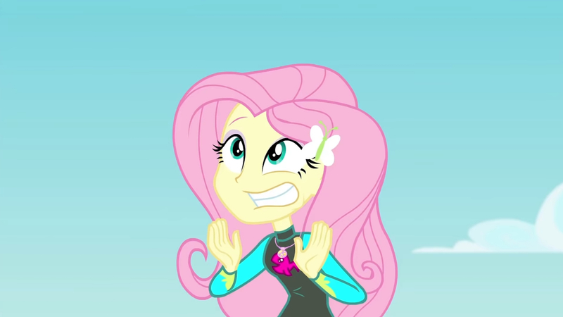 Size: 3410x1920 | Tagged: safe, derpibooru import, screencap, fluttershy, equestria girls, equestria girls series, forgotten friendship, clothes, female, geode of fauna, gritted teeth, hairpin, high res, image, jewelry, jpeg, magical geodes, necklace, solo, swimsuit, teeth, wetsuit