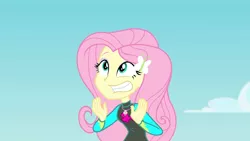 Size: 3410x1920 | Tagged: safe, derpibooru import, screencap, fluttershy, equestria girls, equestria girls series, forgotten friendship, clothes, female, geode of fauna, gritted teeth, hairpin, high res, image, jewelry, jpeg, magical geodes, necklace, solo, swimsuit, teeth, wetsuit