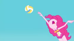 Size: 3410x1920 | Tagged: safe, derpibooru import, screencap, pinkie pie, equestria girls, equestria girls series, forgotten friendship, clothes, female, geode of sugar bombs, high res, image, jewelry, jpeg, looking up, magical geodes, necklace, nose in the air, one-piece swimsuit, open mouth, solo, sports, swimsuit, volleyball