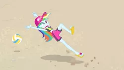 Size: 3410x1920 | Tagged: safe, derpibooru import, screencap, rainbow dash, equestria girls, equestria girls series, forgotten friendship, beach, cap, clothes, female, geode of super speed, hat, high res, image, jewelry, jpeg, magical geodes, midriff, necklace, open mouth, solo, sports, swimming trunks, swimsuit, volleyball