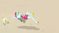 Size: 3410x1920 | Tagged: safe, derpibooru import, screencap, rainbow dash, equestria girls, equestria girls series, forgotten friendship, beach, cap, clothes, eyes closed, female, geode of super speed, hat, high res, image, jewelry, jpeg, magical geodes, midriff, necklace, open mouth, rainbow dash is best facemaker, sandals, solo, sports, swimming trunks, swimsuit, volleyball