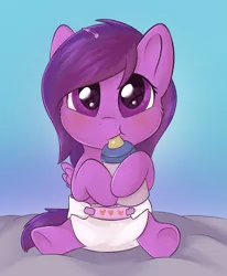 Size: 1655x2010 | Tagged: safe, artist:dbleki, derpibooru import, oc, oc:emilia starsong, pegasus, pony, baby, baby pony, bottle, chewing, cute, diaper, eating, female, image, looking at you, png, ponysona, solo, solo female