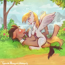 Size: 2700x2700 | Tagged: safe, artist:bubblepurity, derpibooru import, derpy hooves, doctor whooves, time turner, earth pony, pegasus, pony, accident, background pony, blushing, chat, cute, derp, derpabetes, doctorderpy, female, food, heart, heart eyes, image, male, mare, muffin, png, ponyville, shipping, sitting, sitting on, sitting on pony, straight, tail, tail wiggle, tree, wingding eyes, wings