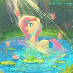 Size: 3000x3000 | Tagged: safe, artist:bubblepurity, derpibooru import, fluttershy, butterfly, frog, insect, pegasus, pony, behaving like a bird, cute, daaaaaaaaaaaw, everfree forest, flower, image, lilypad, lotus (flower), png, pond, shyabetes, sketch, smiling, solo, sunlight, water, wet, wet mane